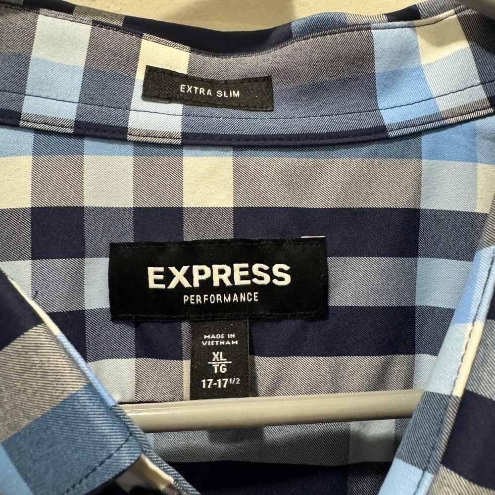 Express Men's Navy and Light Blue Checkered Shirt - Extra Slim XL - Picture 2 of 2